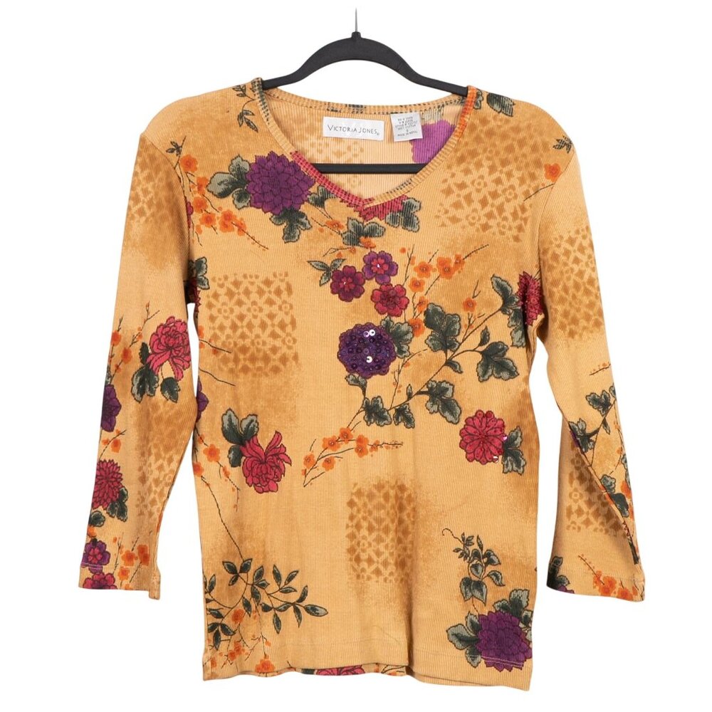 Victoria Jones Floral Y2K VNeck Top S Womens Sequins Beads Yellow 3/4 Sleeve